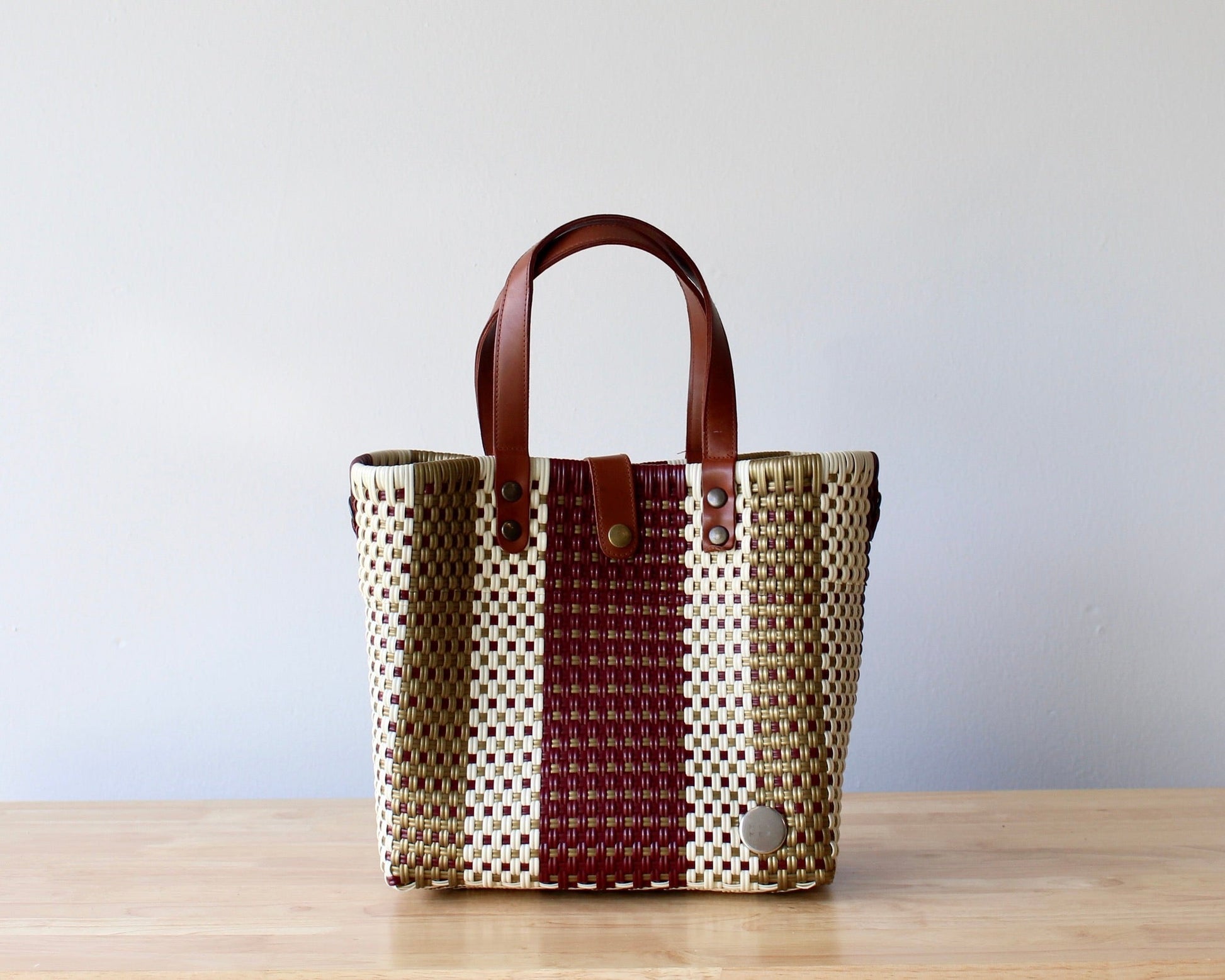 Vida Purse – Maroon, Gold & Beige Handwoven Purse with Leather Handles MexiMexi