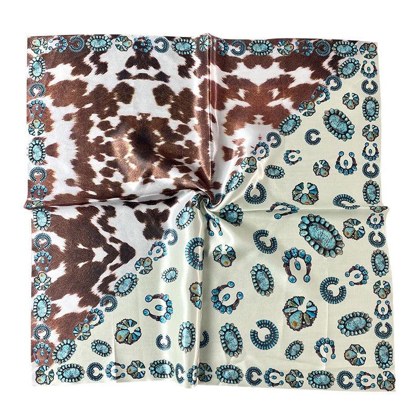 Western Style Cow Pattern Turquoise Scarf – Elegant Cowgirl Accessory Country in My Heart