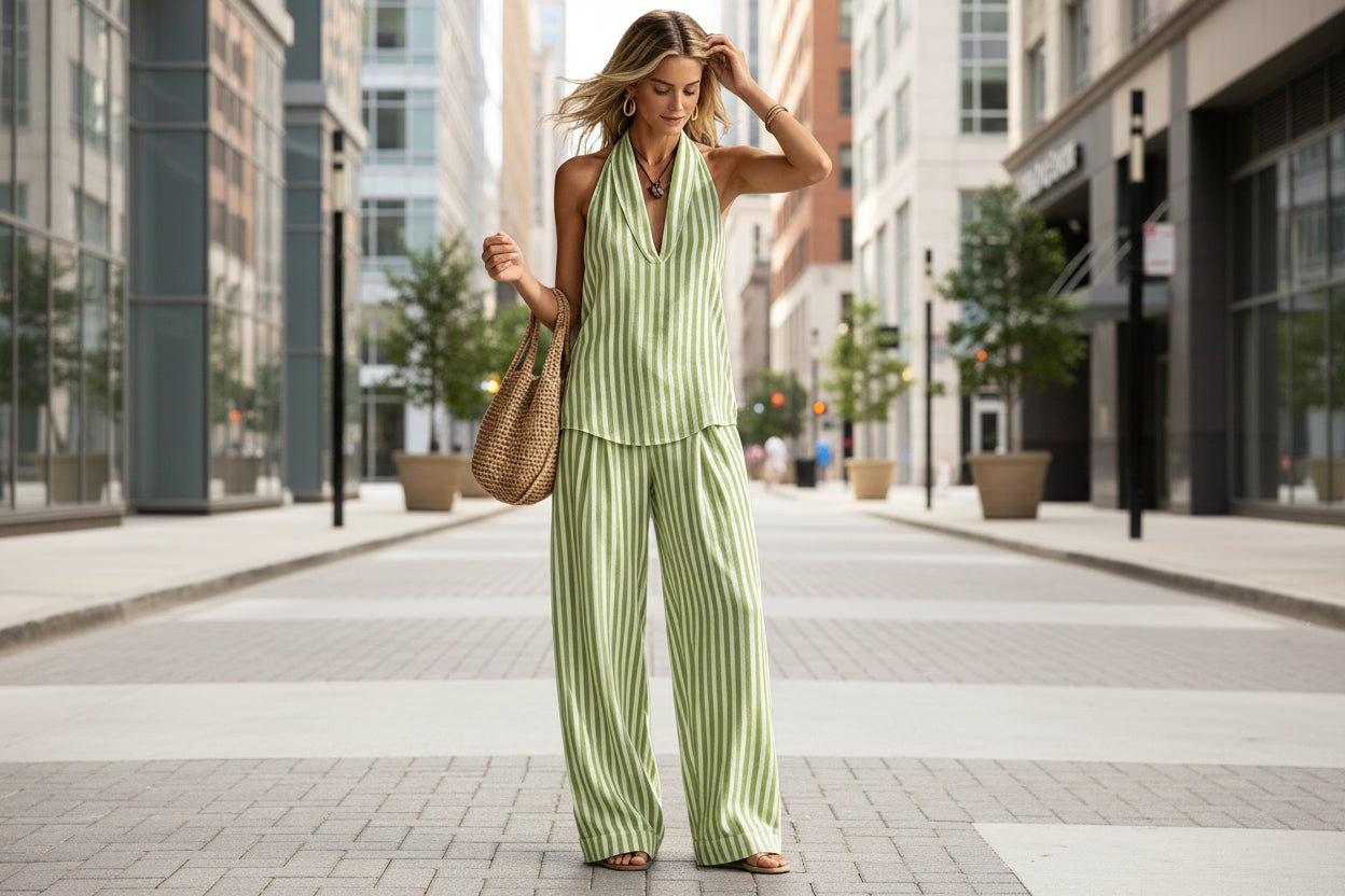 Women's Striped Sleeveless Top & Wide-Leg Pants Set – Fashionable 2-Piece FitiqueFit