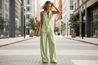 Women's Striped Sleeveless Top & Wide-Leg Pants Set – Fashionable 2-Piece FitiqueFit