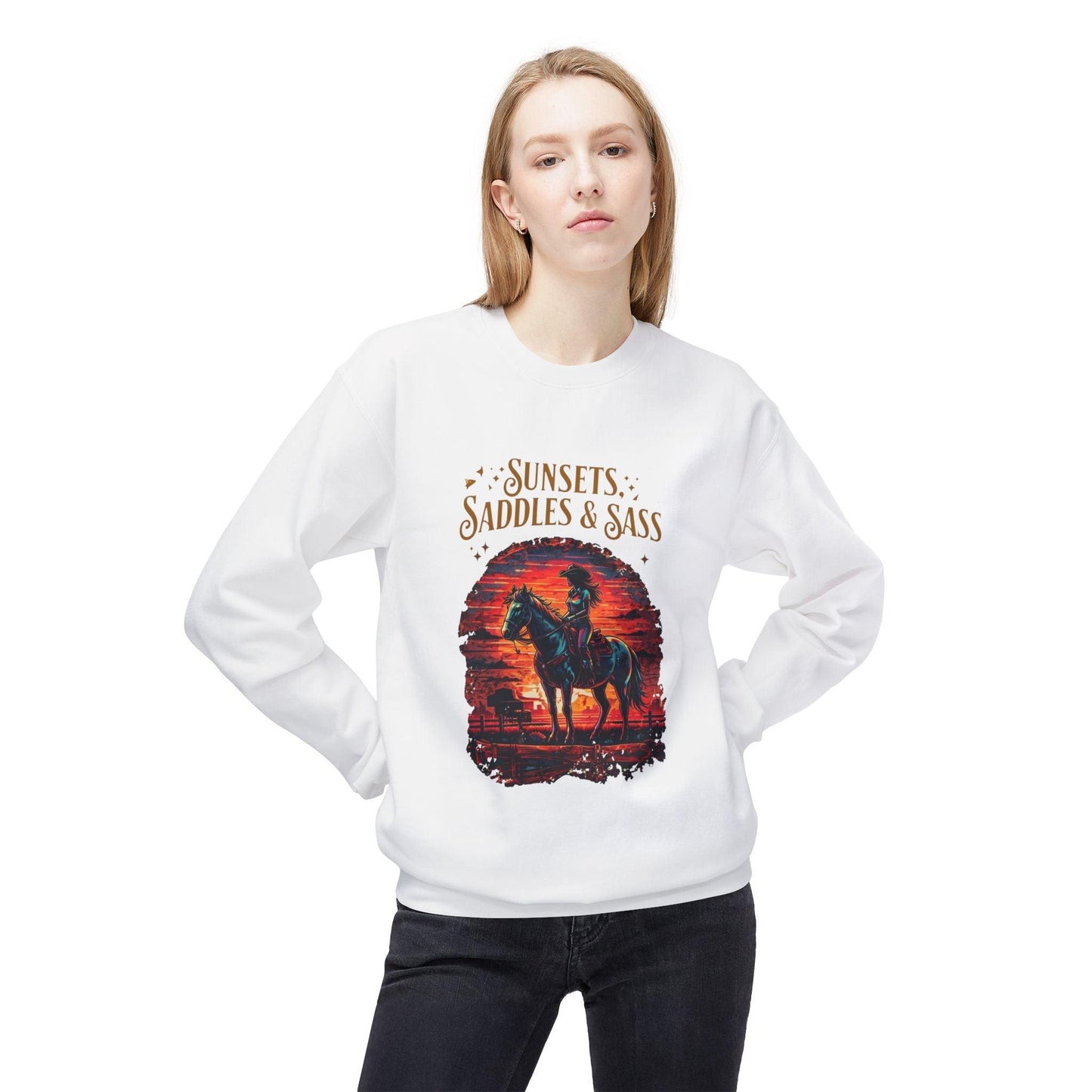 Sunsets Saddles and Sass Softstyle Fleece Crewneck Sweatshirt Country in My Heart