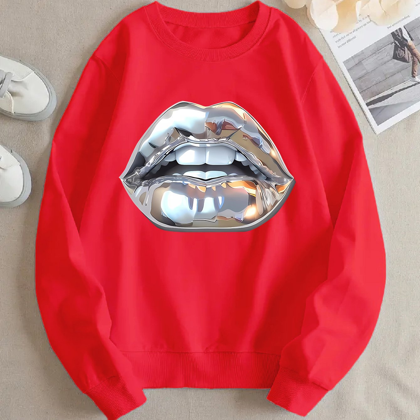 Womens Cartoon Silver Lip-Printed Sweatshirt See size chart under “more details” The Fashion Celestial