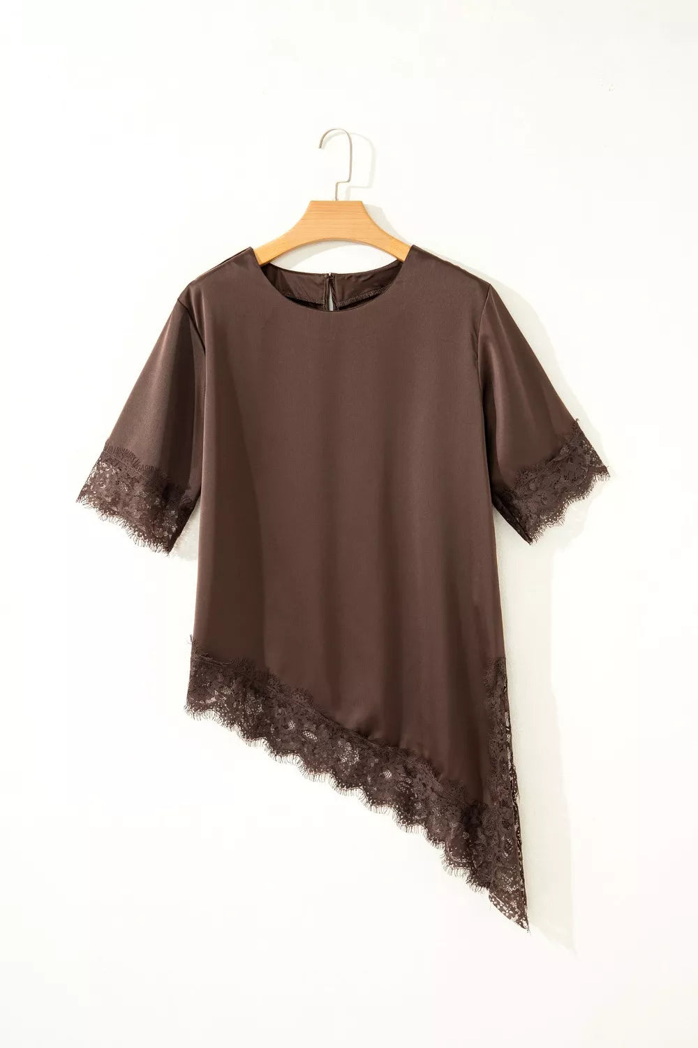 Asymmetric Lace Trim Short Sleeve Satin Top New Era Fashion LLc