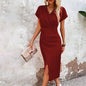 Split V-Neck Bodycon Dress – Slim Fit Short Sleeve Slit Dress FitiqueFit