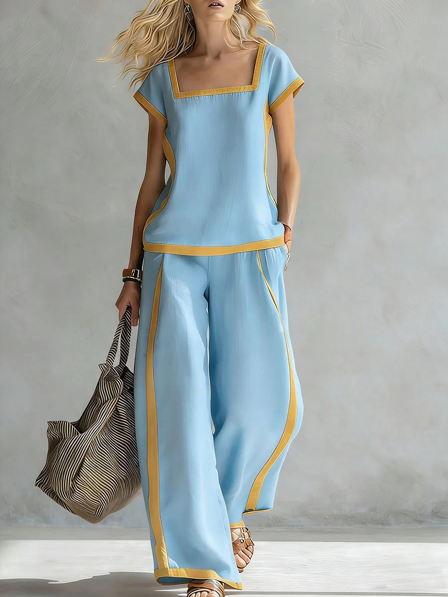 Square-Neck Three-Quarter Sleeve Loose Top & Pants Two-Piece Set FitiqueFit
