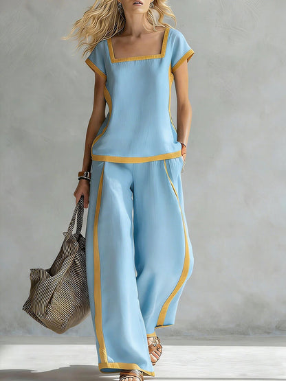 Square-Neck Three-Quarter Sleeve Loose Top & Pants Two-Piece Set FitiqueFit