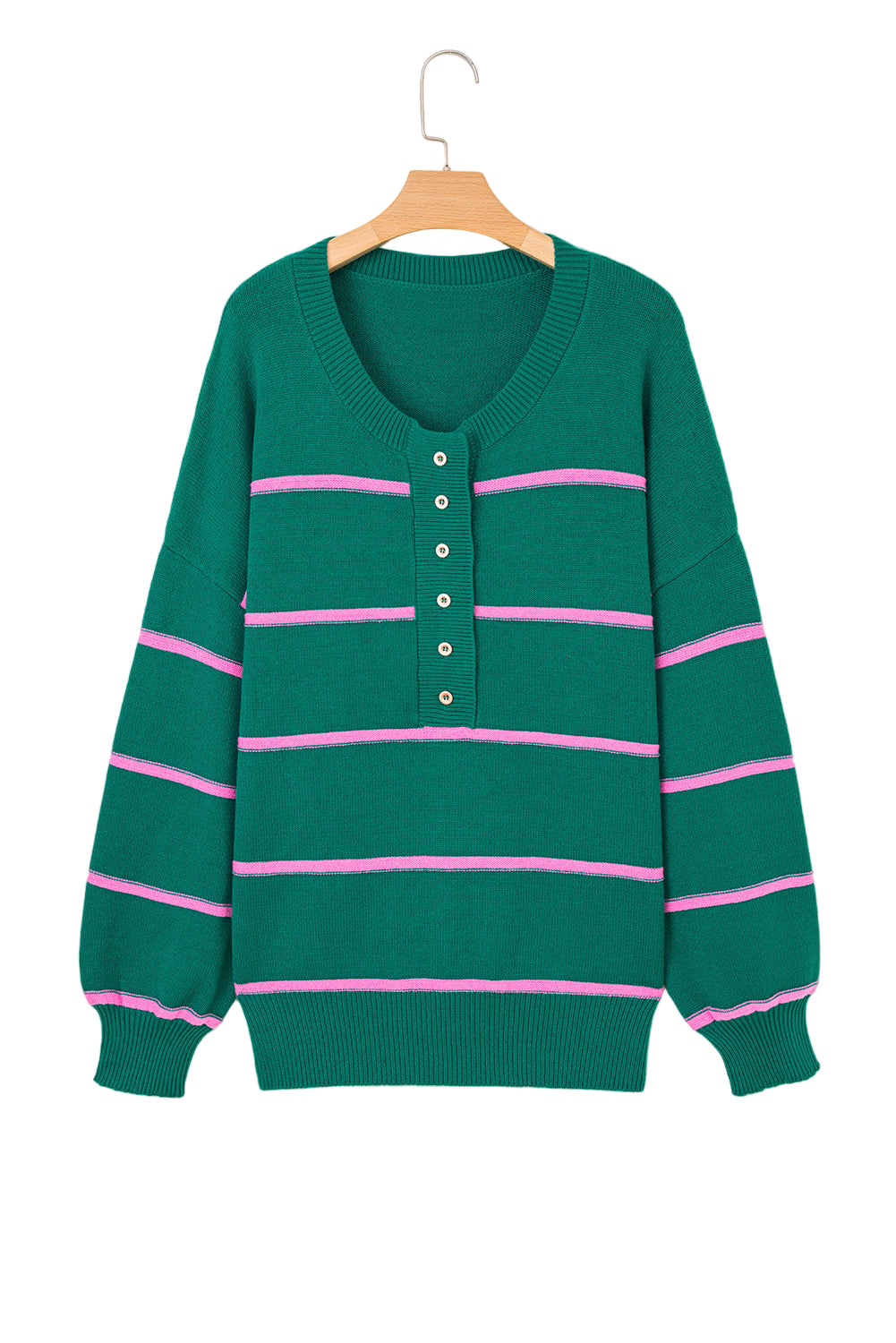 Green Stripe Half Buttons Drop Shoulder Plus Size Sweater Garden Naked Curves