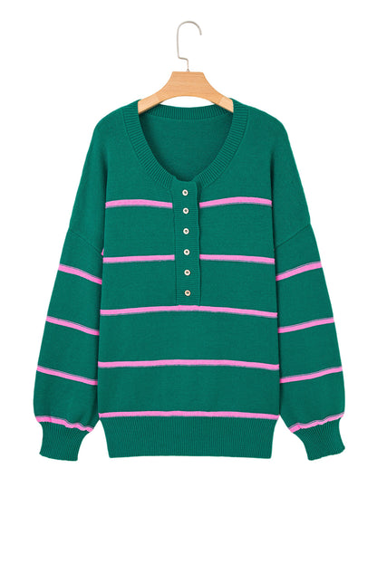 Green Stripe Half Buttons Drop Shoulder Plus Size Sweater Garden Naked Curves