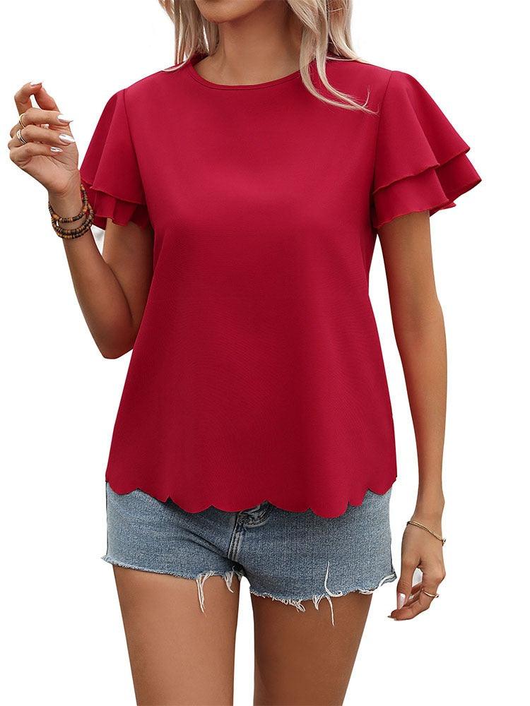 Lotus Blossom Ruffle Top - Stylish Red Double-layer Lotus Leaf Sleeve Blouse Country in My Heart