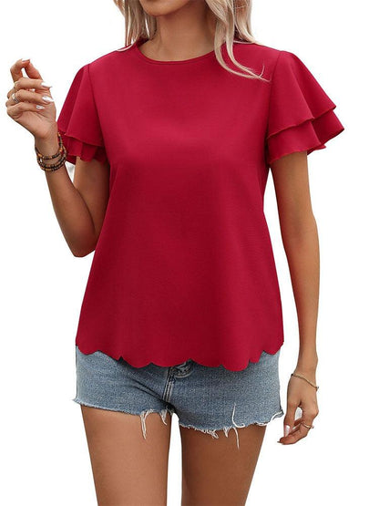 Lotus Blossom Ruffle Top - Stylish Red Double-layer Lotus Leaf Sleeve Blouse Country in My Heart