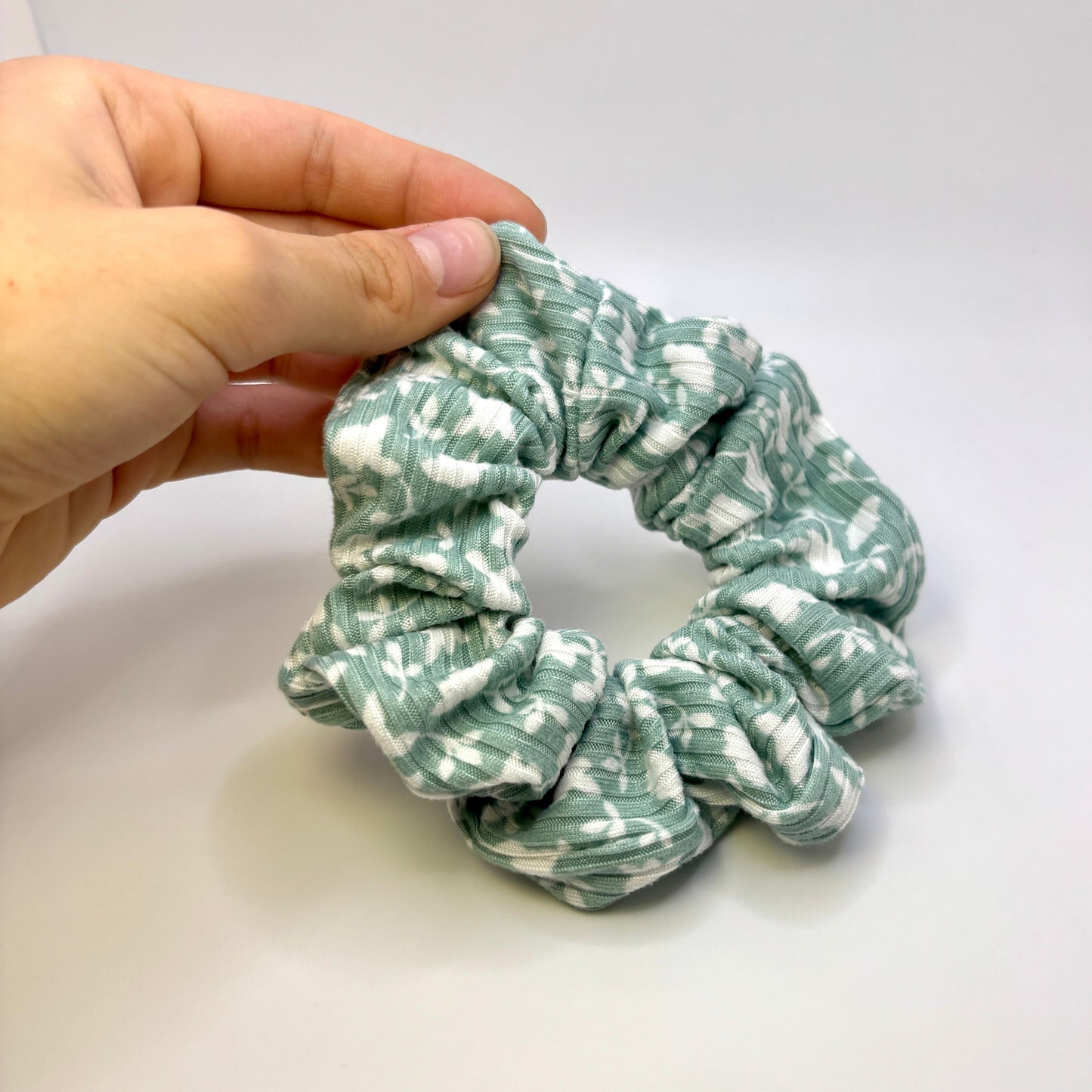 Mini White Leaf Sage Ribbed Scrunchie Enchanted Scrunch