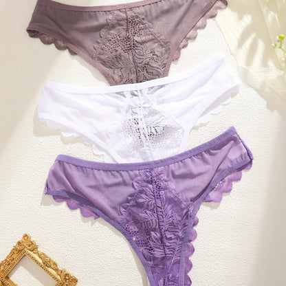 3pcs Women's Lace Thong Set, Sexy Semi-Sheer Panties NovaCart