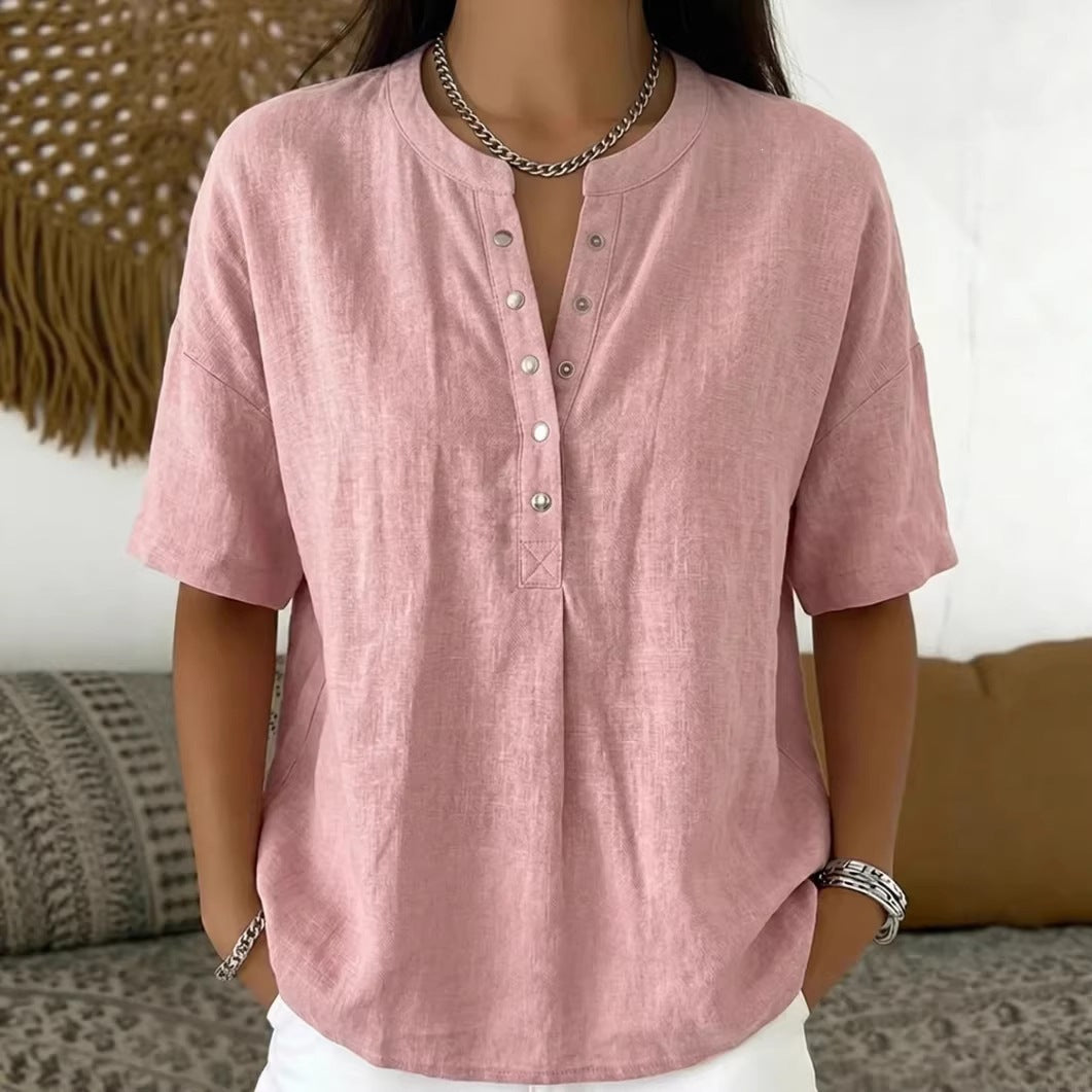 Women's Solid Color Loose-Fit Short-Sleeve Pullover Top FitiqueFit