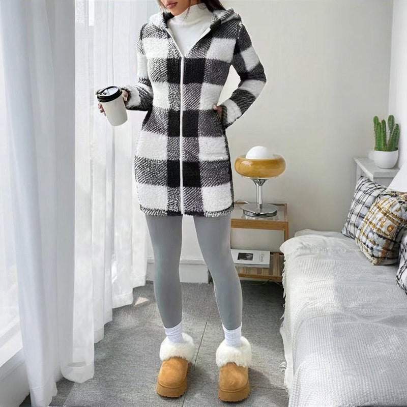 Plaid Hooded Sherpa-Lined Long Coat with Pockets FitiqueFit