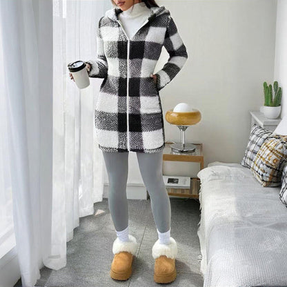 Plaid Hooded Sherpa-Lined Long Coat with Pockets FitiqueFit