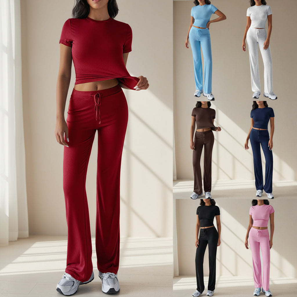 Crew Neck Short Sleeve Top & Full-Length Pants Set – Solid Color, 10 Colors FitiqueFit