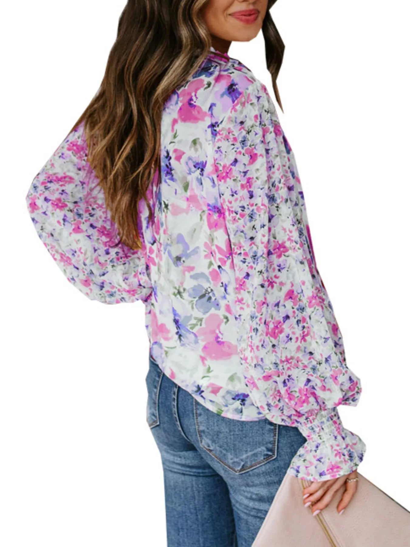 Full Size Floral Print Smocked Cuff Blouse Plus Size New Era Fashion LLc