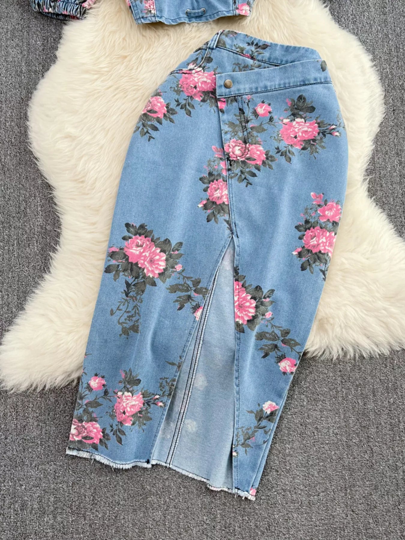 Floral Print Sweetheart Neck Cami and Skirt Denim Set New Era Fashion LLc