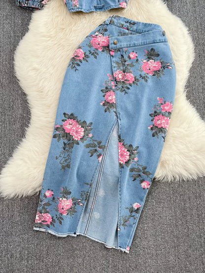 Floral Print Sweetheart Neck Cami and Skirt Denim Set New Era Fashion LLc