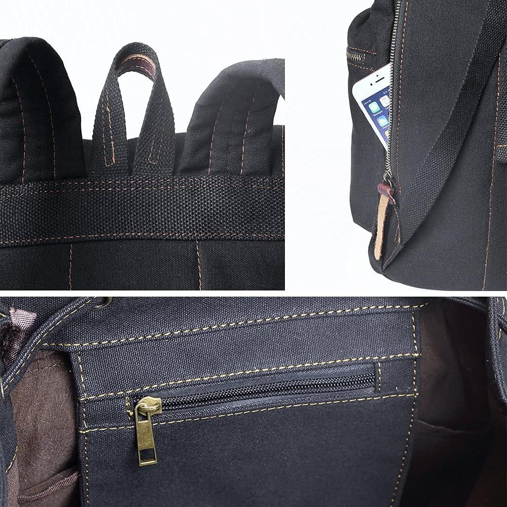 Vintage Backpack Leather Trim Casual Bookbag Men Women Laptop Travel Rucksack