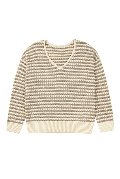Khaki Stripe Plus Size V Neck Drop Shoulder Sweater Garden Naked Curves