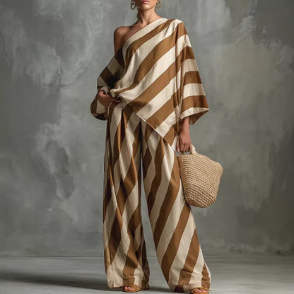 Women's Retro Striped Batwing Top & Wide-Leg Pants Set – Vintage 2-Piece FitiqueFit