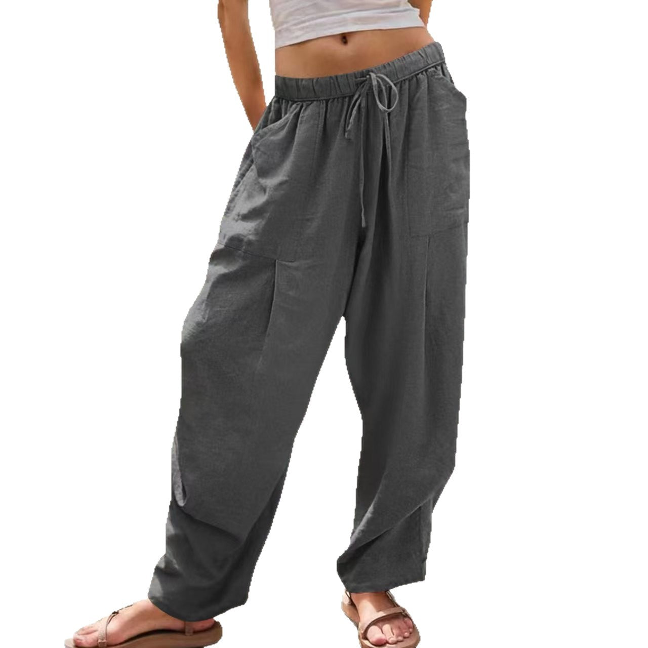 Womens Solid-Color Cotton-Linen Casual Loose Straight Pockets Lounge Pants With Drawstring See size chart under “more details” The Fashion Celestial