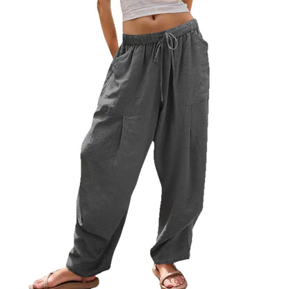 Womens Solid-Color Cotton-Linen Casual Loose Straight Pockets Lounge Pants With Drawstring See size chart under “more details” The Fashion Celestial