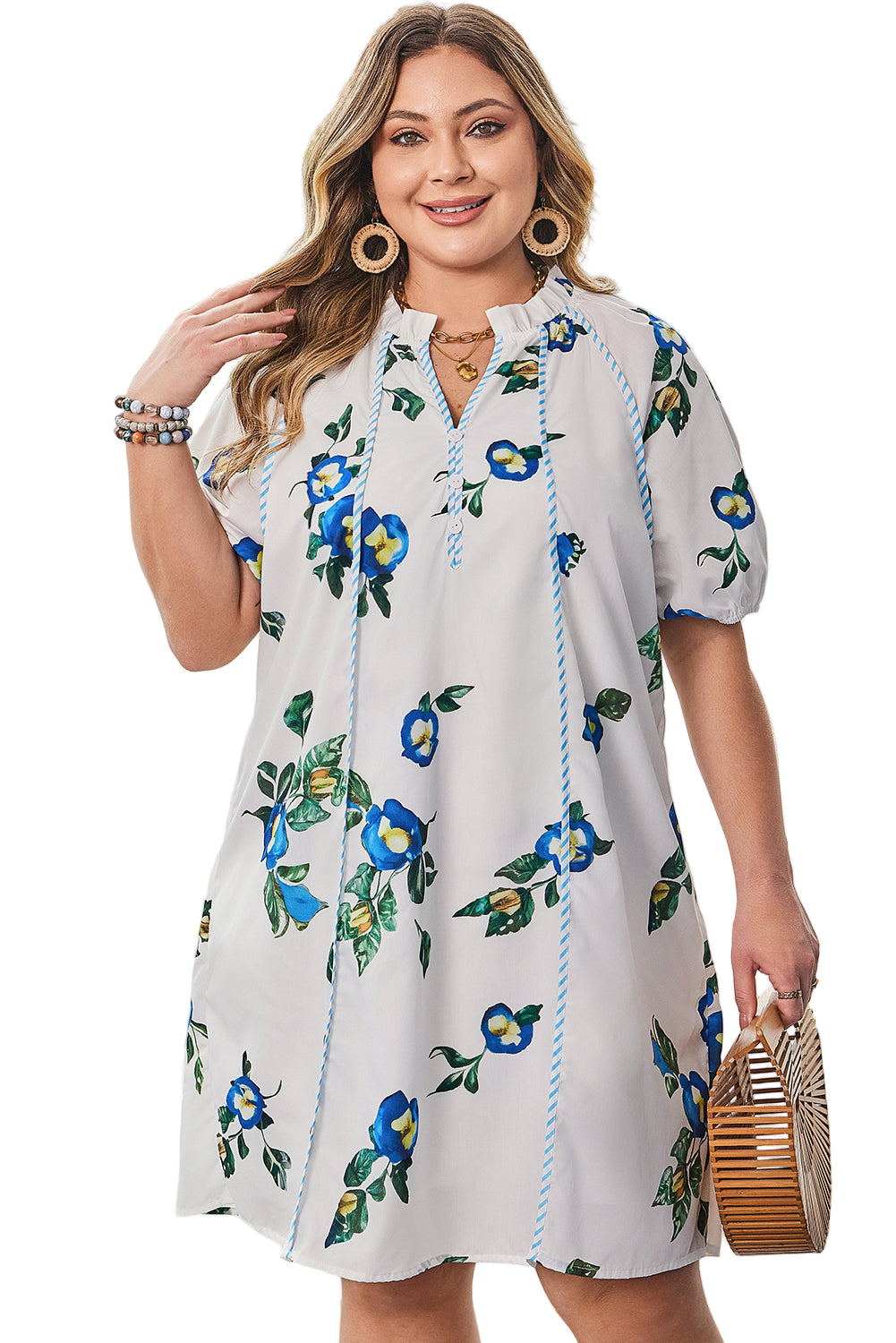 White Plus Size Floral Short Puff Sleeve Contrast Tie V Neck Dress Garden Naked Curves
