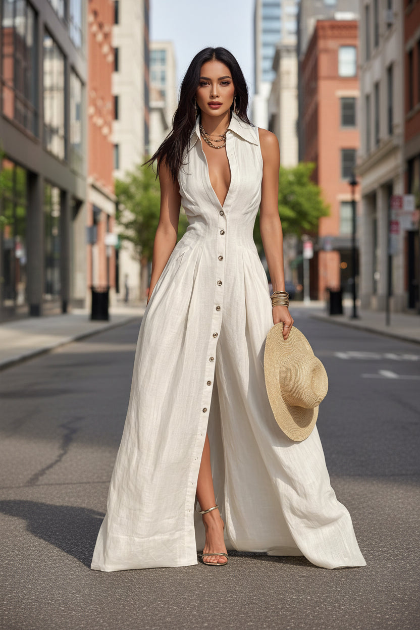 Women's High-Waist Lapel Shirt Maxi Dress – Elegant & Versatile FitiqueFit