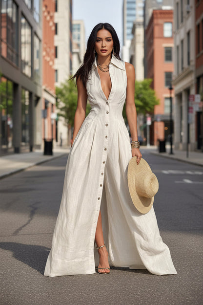 Women's High-Waist Lapel Shirt Maxi Dress – Elegant & Versatile FitiqueFit