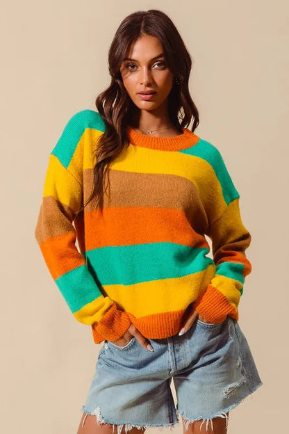 SO ME Multi Color Stripe Sweater with Ribbed Detail West2East Surf