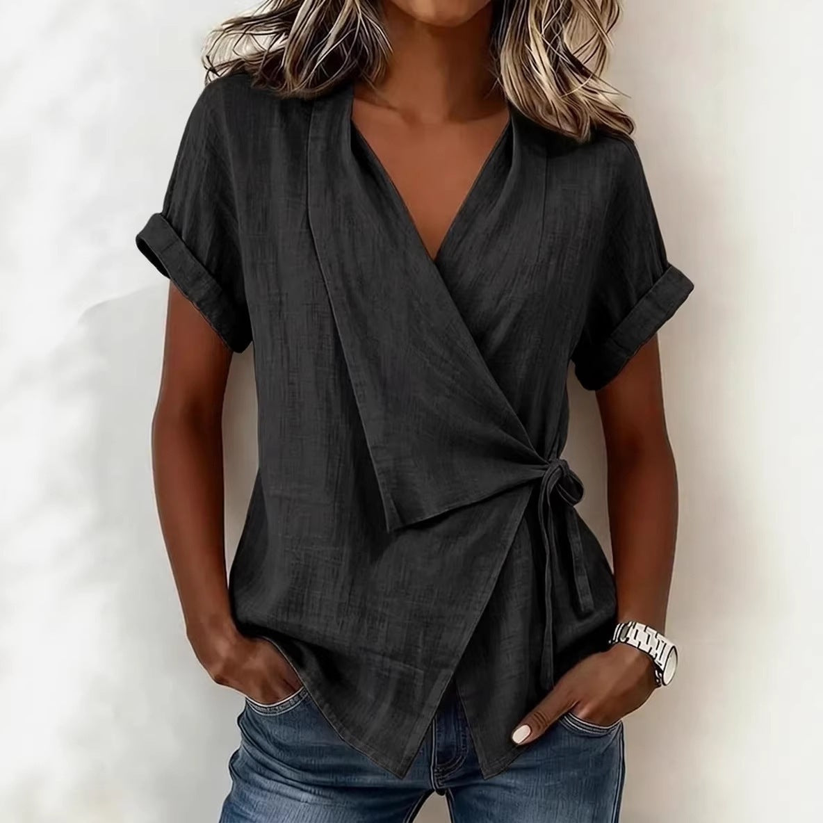 Women's Casual Lapel Collar Lace-Up Short-Sleeve Linen Top FitiqueFit