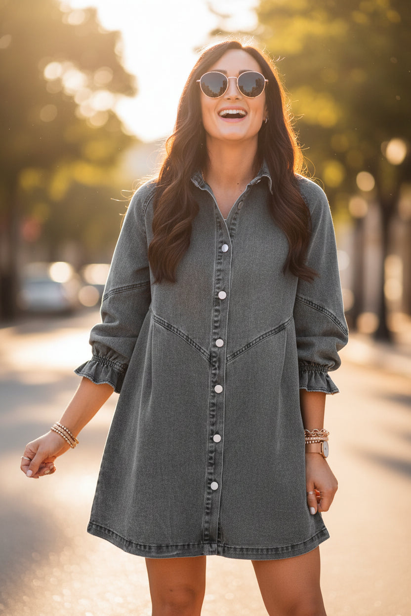 Women's Three-Quarter Sleeve Denim Dress – Ruffle Detail Mid-Length FitiqueFit