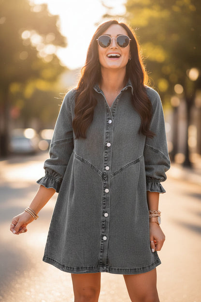 Women's Three-Quarter Sleeve Denim Dress – Ruffle Detail Mid-Length FitiqueFit