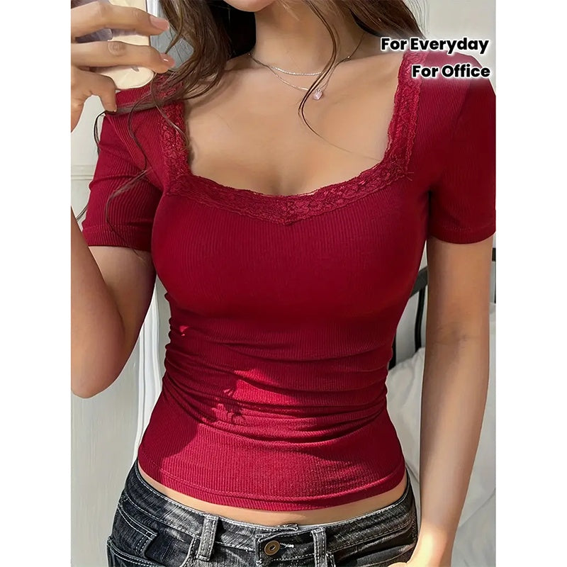 Women’s Y2K Lace Trim Slim Fit Tee – U-Neck Short Sleeve Top FitiqueFit