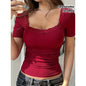 Women’s Y2K Lace Trim Slim Fit Tee – U-Neck Short Sleeve Top FitiqueFit