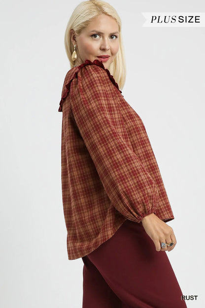 Umgee Full Size Plaid Ruffle Collar Blouse Plus Size Garden Naked Curves