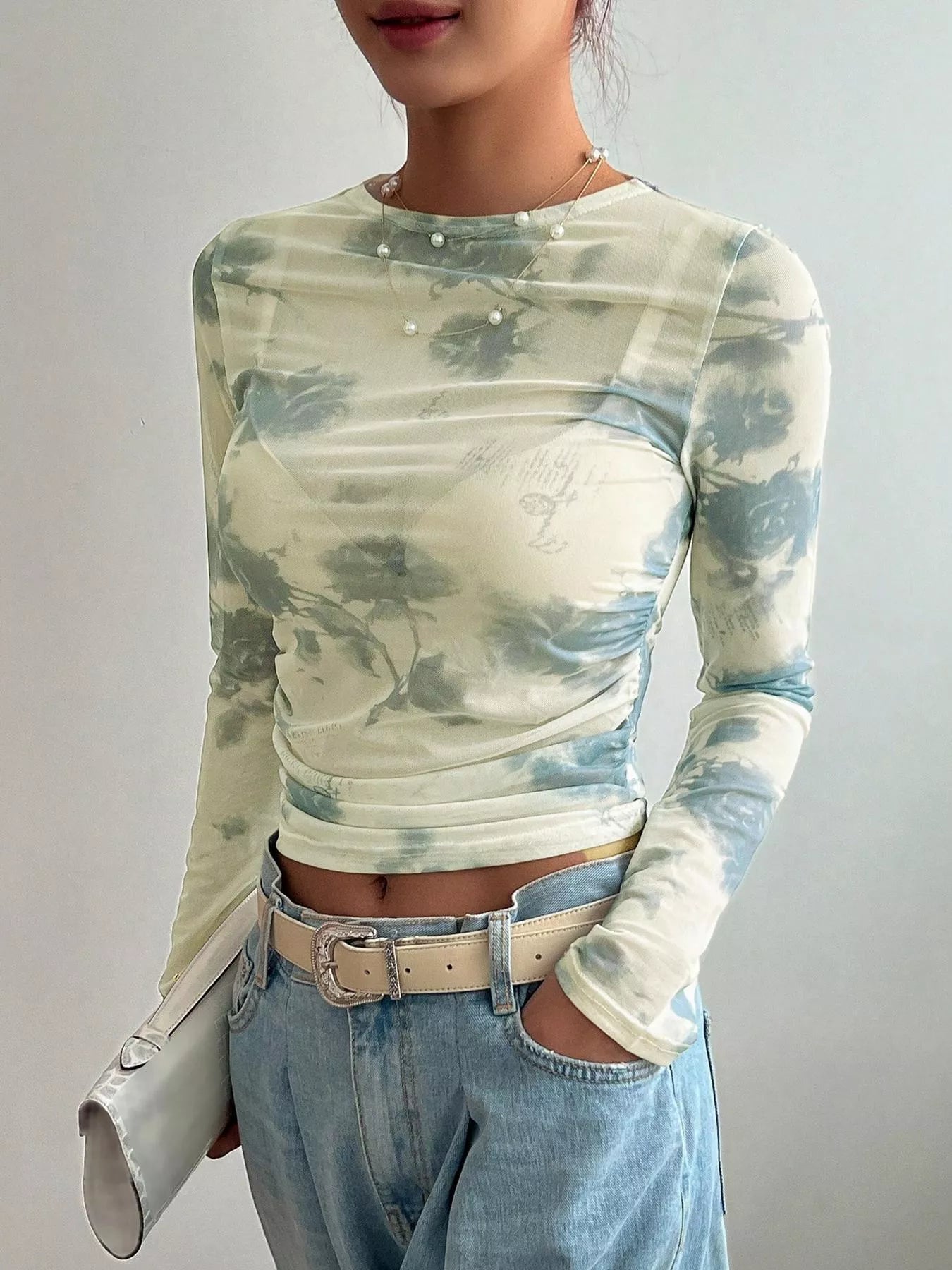 Floral Print Sheer Mesh Long Sleeve T-Shirt New Era Fashion LLc