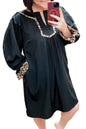 Black Plus Size Notched Neck Leopard Trim Flounce Long Sleeve Shift Dress Garden Naked Curves