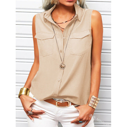 Women's Lapel Collar Sleeveless Top – Loose Fit, Pockets, Solid Color FitiqueFit