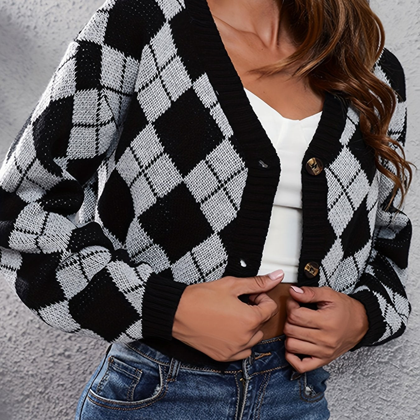 Women'S Elegant Tartan Knit Cardigan, V-Neck Short Length Sweater with Button Detail, Acrylic 100% Long Sleeve Knitwear for Fall/Winter NovaCart
