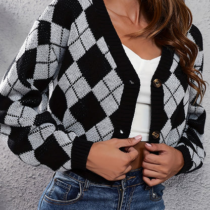 Women'S Elegant Tartan Knit Cardigan, V-Neck Short Length Sweater with Button Detail, Acrylic 100% Long Sleeve Knitwear for Fall/Winter NovaCart