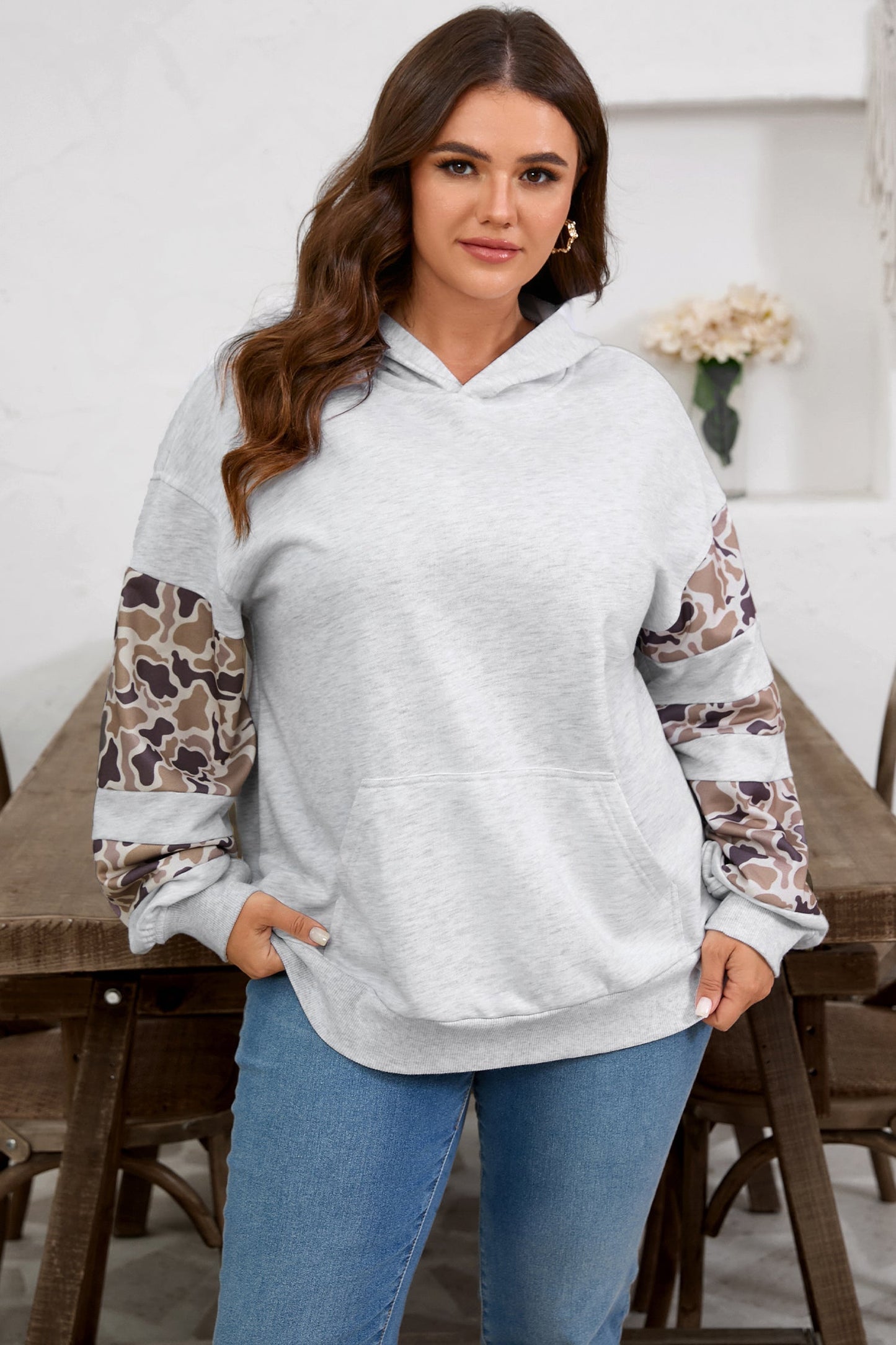 Light Grey Camouflage Patchwork Asymmetric Sleeve Plus Size Hoodie Garden Naked Curves
