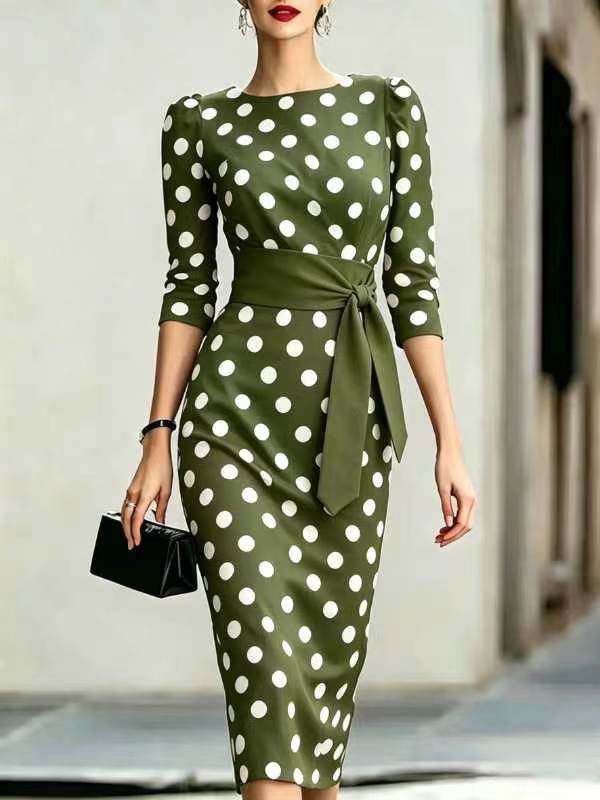 Women's Retro Polka-Dot Bodycon Midi Dress – Belted Cross-Tie FitiqueFit