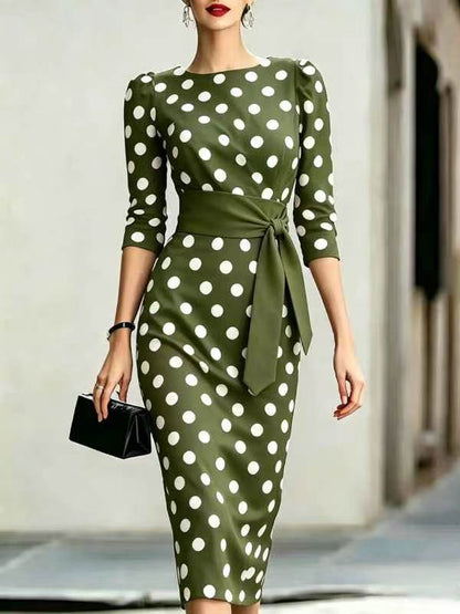 Women's Retro Polka-Dot Bodycon Midi Dress – Belted Cross-Tie FitiqueFit