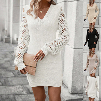 New V-neck Knitted Dress Fashion Solid Color Hollow Long-sleeved Sweater Dresses Women's Clothing Grayceful LLC