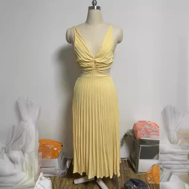 Ins Suspender Pleated Long Dress With Hollow-waisted Design Fashion V-neck Backless Dresses Summer Women's Clothing Grayceful LLC