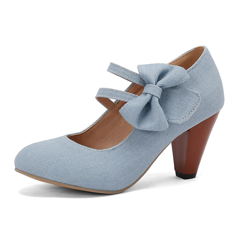 Round Toe High Heels Denim Bow See size chart under “more details” The Fashion Celestial