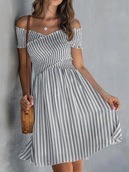 Women's Off-Shoulder Striped Waist-Cinching Midi Dress FitiqueFit
